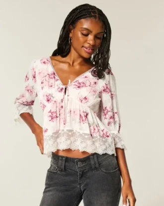 Babydoll-top med trekvart ermer
