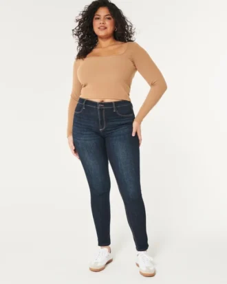 Curvy høyhalset mørkvasket jeansleggings