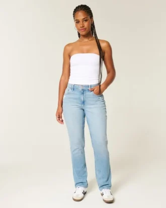 Curvy høyhalset, slitt, lysvasket, rett jeans