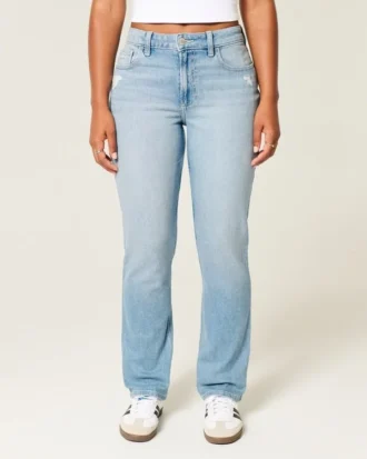 Curvy høyhalset, slitt, lysvasket, rett jeans