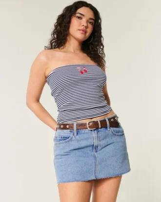 Curvy lavt sittende miniskjørt i mediumvasket denim