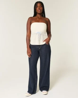 Curvy lavt sittende mørkvasket baggy jeans med brettet linning
