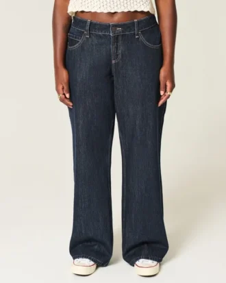 Curvy lavt sittende mørkvasket baggy jeans med brettet linning