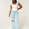 Curvy lavt sittende, revne, lyse, baggy jeans