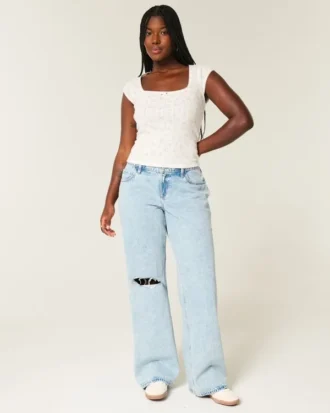Curvy lavt sittende, revne, lyse, baggy jeans