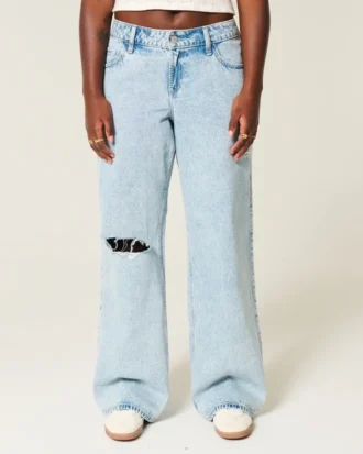 Curvy lavt sittende, revne, lyse, baggy jeans