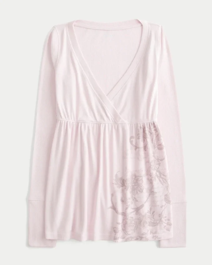 Enkel langermet babydoll-top med blomstermønster