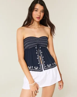 Enkel stroppeløs brodert babydoll-top