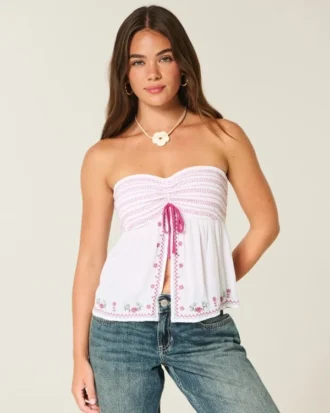 Enkel stroppeløs brodert babydoll-top