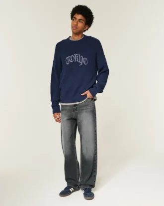 Grå baggy jeans med hjertegrafikk