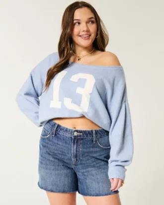 Høy midje, middels mørk vask, avslappede denimshorts 5″