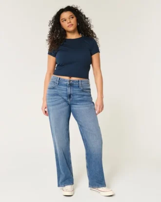Høy midje, mørkvasket dad jeans
