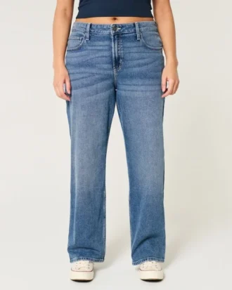 Høy midje, mørkvasket dad jeans