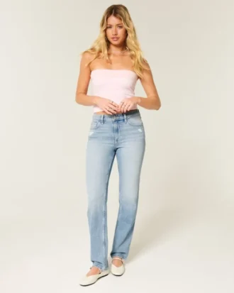 Høy midje, slitt, lysvasket, rett jeans