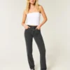 Høyt sittende, vasket, svart, rett jeans