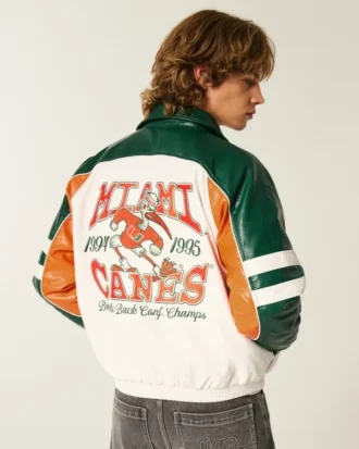 Jakke i imitert skinn med grafikk fra University of Miami Hurricanes