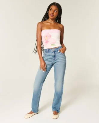 Jeans med høy midje, medium vask og rett ben