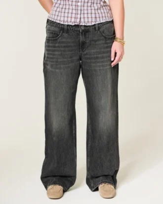 Justerbar midje Lavt sittende vasket svart baggy jeans