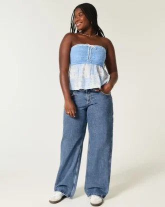 Kurvede lavtaljede baggy jeans i medium vask