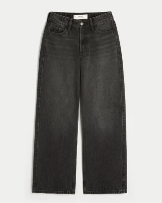 Kurvet høybukset vasket svart baggy jeans