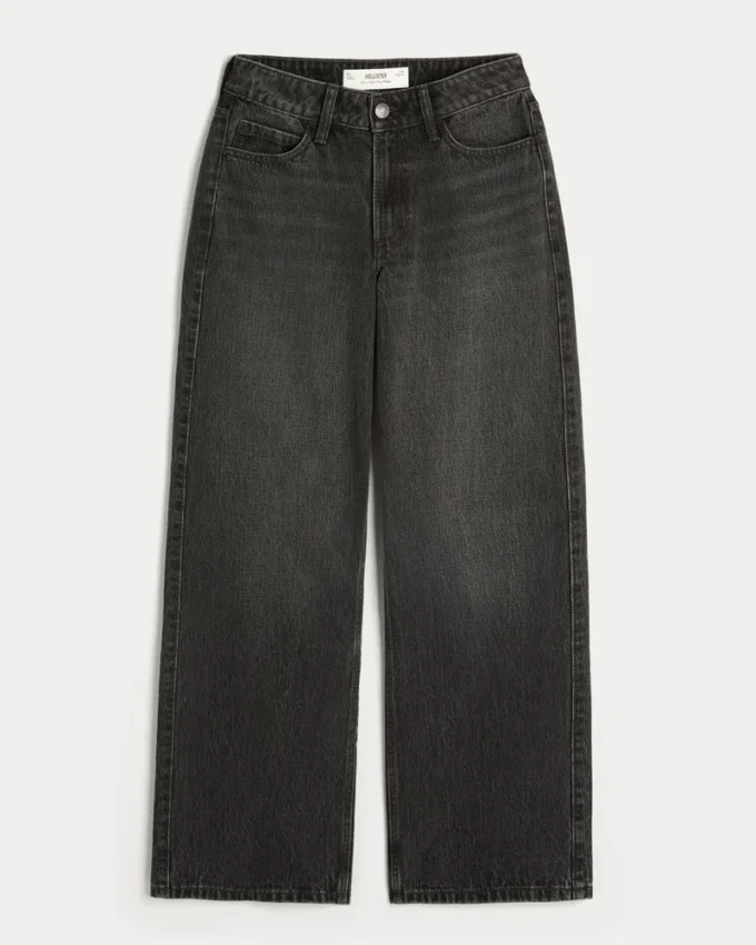 Kurvet høybukset vasket svart baggy jeans