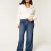Kurvet midt høy mørkvasket baggy jeans