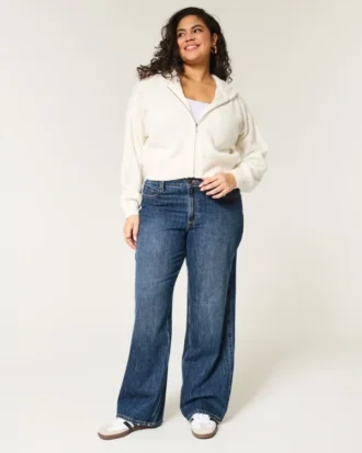 Kurvet midt høy mørkvasket baggy jeans
