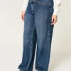 Kurvet midt høy mørkvasket baggy jeans