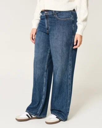 Kurvet midt høy mørkvasket baggy jeans