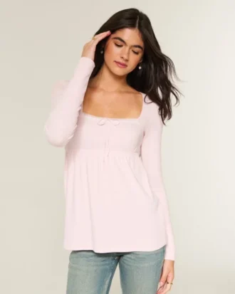 Langermet babydoll-top med enkel blonderkant