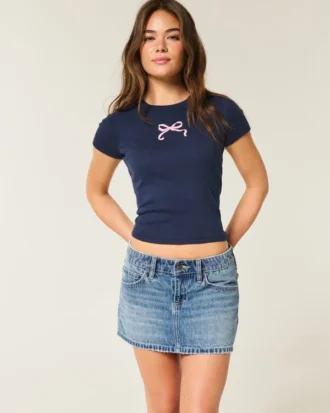 Lav midje brodert sløyfe denim miniskjørt
