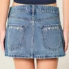 Lav midje brodert sløyfe denim miniskjørt