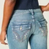 Lav midje, medium vask, broderte blomster, bootcut-jeans