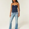 Lav midje, medium vask, broderte blomster, bootcut-jeans