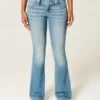 Lav midje, medium vask, broderte blomster, bootcut-jeans