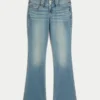 Lav midje, medium vask, broderte blomster, bootcut-jeans
