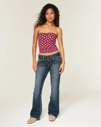 Lav midje, mørk vask, belte, bootcut jeans
