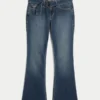Lav midje, mørk vask, belte, bootcut jeans