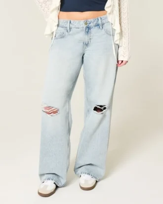 Lav midje, revne, lyse, baggy jeans