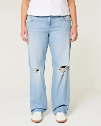 Lavt sittende, lettvasket, avslappet, rett jeans med rift