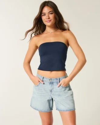 Lavt sittende, lysvasket, brettet linning, baggy denimshorts 5″