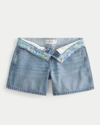 Lavt sittende, mediumvasket, foldbar midje, baggy denimshorts 5″