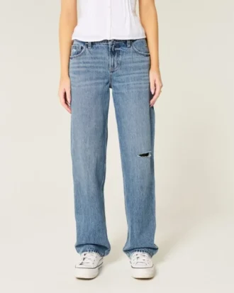Lavt sittende, slitte jeans i medium vask