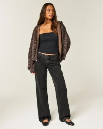 Lavt sittende, vasket, svart baggy jeans