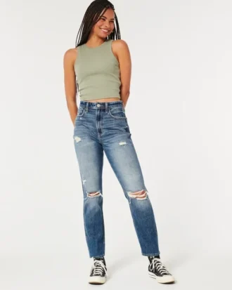 Mom-jeans med ekstra høy midje, rift og medium vask