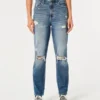 Mom-jeans med ekstra høy midje, rift og medium vask