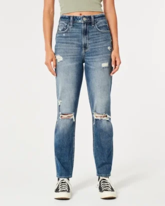 Mom-jeans med ekstra høy midje, rift og medium vask