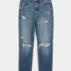 Mom-jeans med ekstra høy midje, rift og medium vask