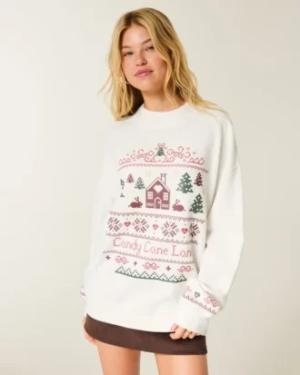 Oversized genser med høyhals og puffprint, vintergrafikk Oversized genser med høyhals og puffprint, vintergrafikk
