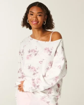Oversized off-the-shoulder sweatshirt med blomstermønster og sløyfe Oversized off-the-shoulder sweatshirt med blomstermønster og sløyfe